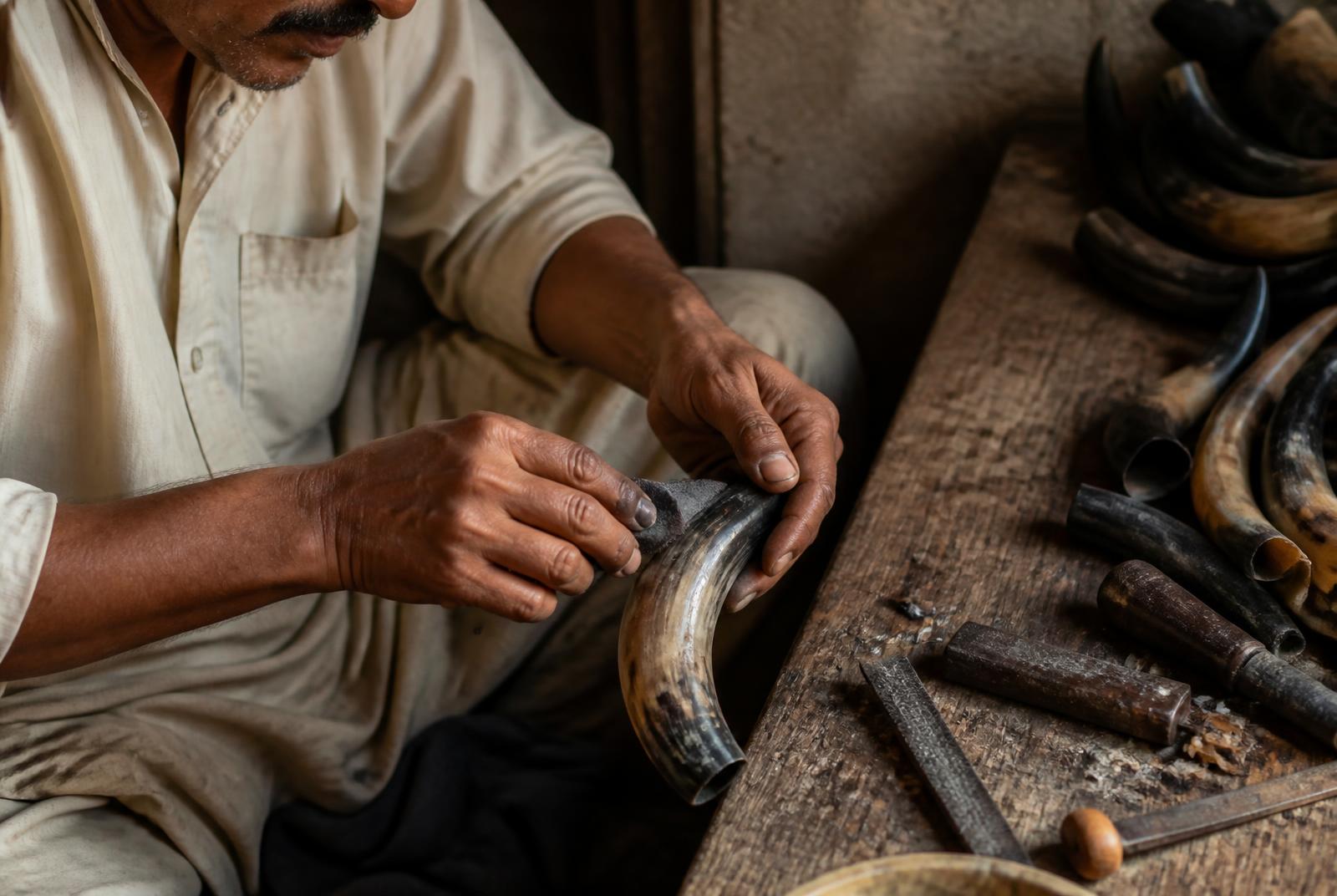 Artisan polishing a horn spoon in the workshop